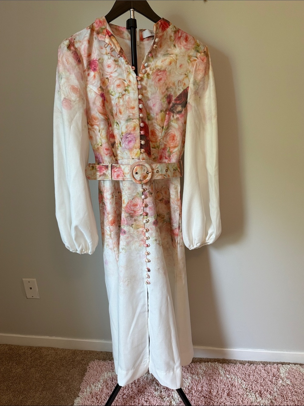 Floral Button-Front Long Sleeve Midi Dress with Belt - White & Pink